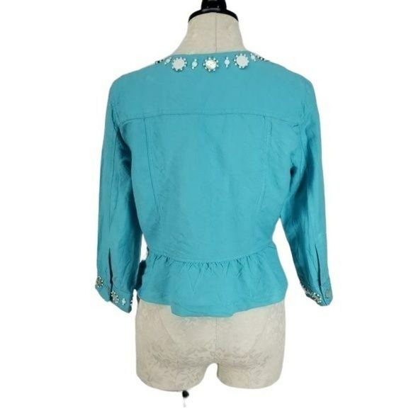 Ruby Rd Women's Blue Beaded Half Peplum Zip Up‎ Rayon Linen Jacket Size 8 - Picture 4 of 7